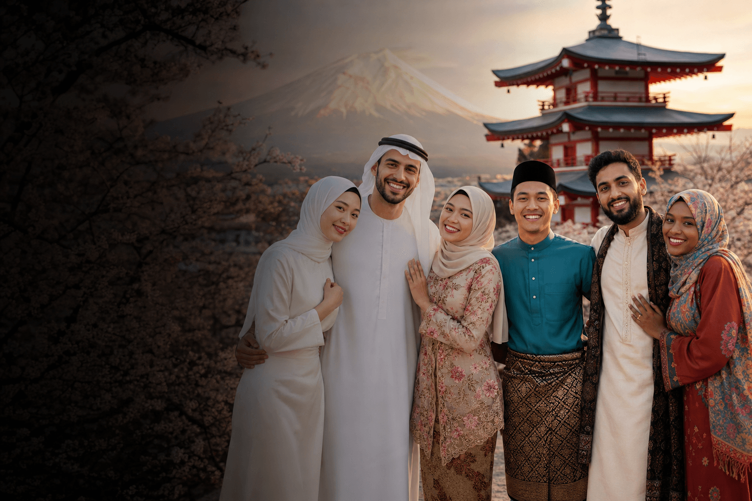 Illustration of an Arab Muslim man smiling among Muslims of many backgrounds in Japan