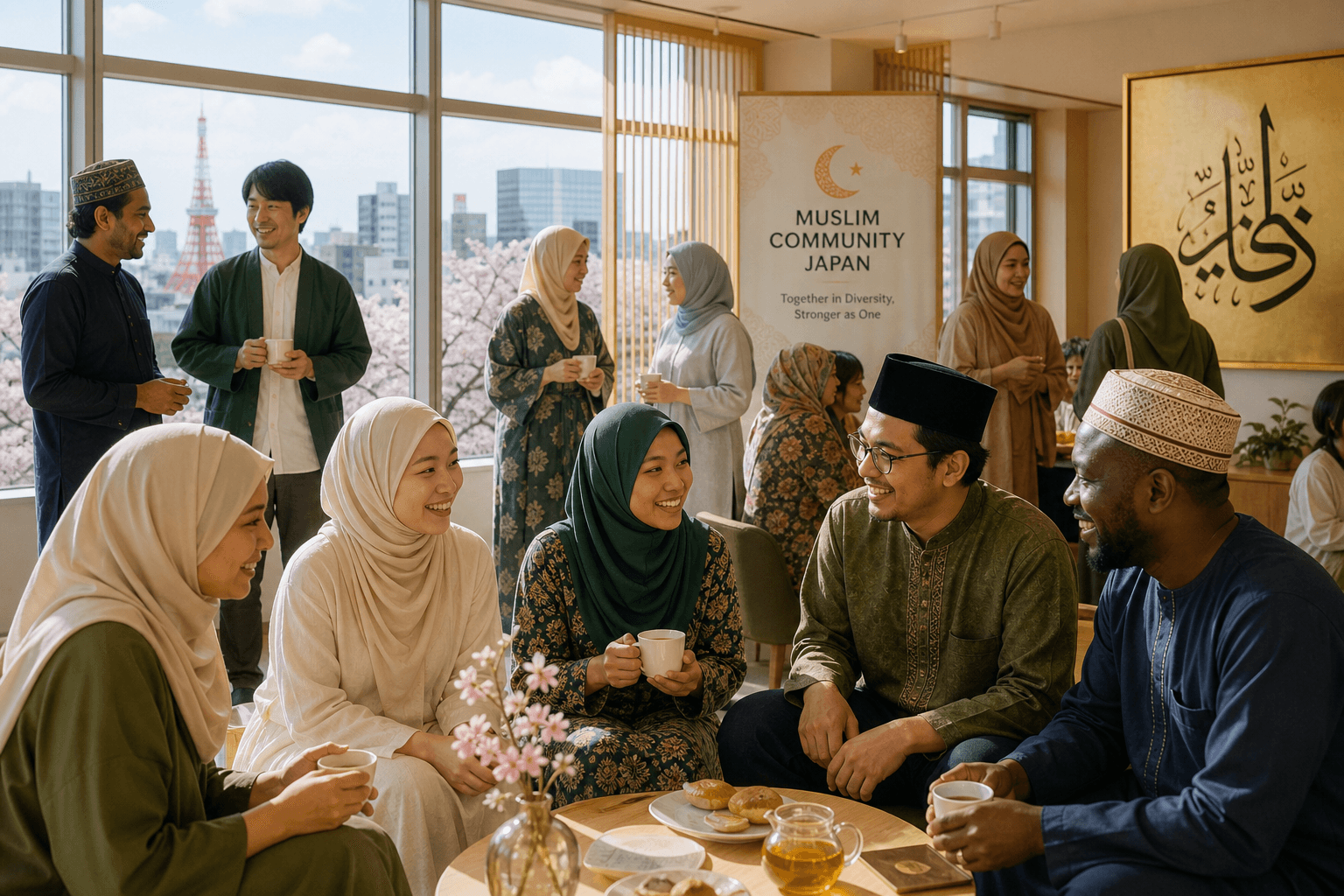 Diverse Muslim community gathering in Japan with Tokyo Tower visible through windows
