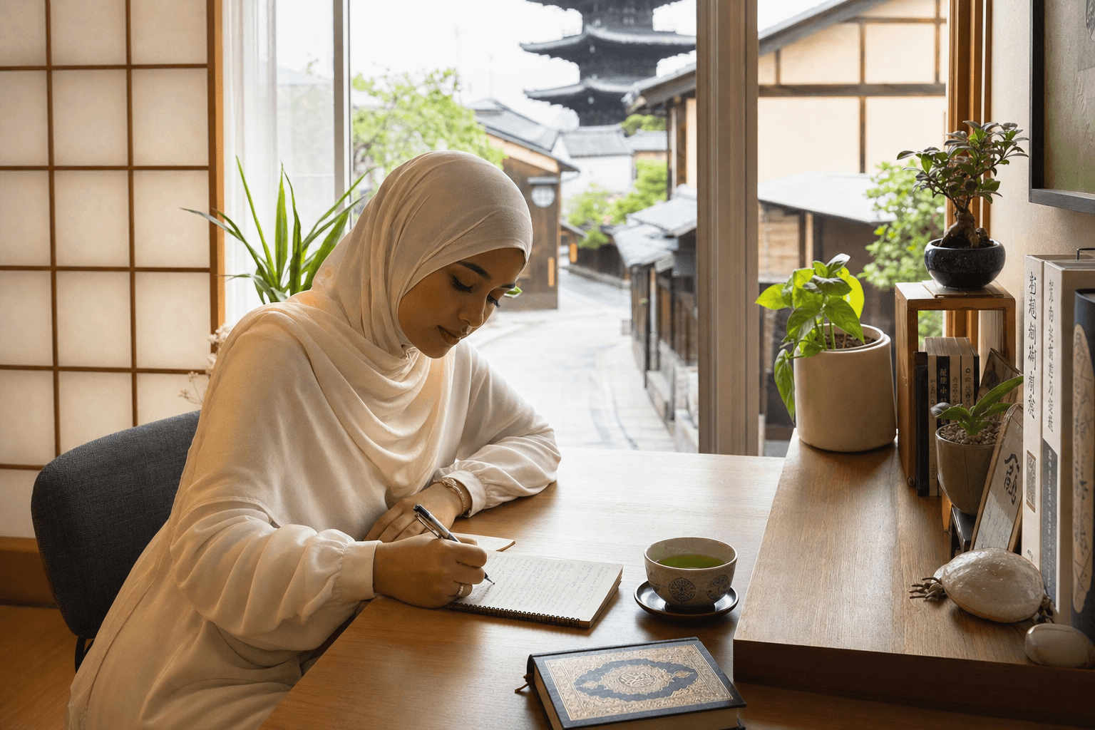 A Muslim woman writing in a journal in a traditional Japanese room in Kyoto