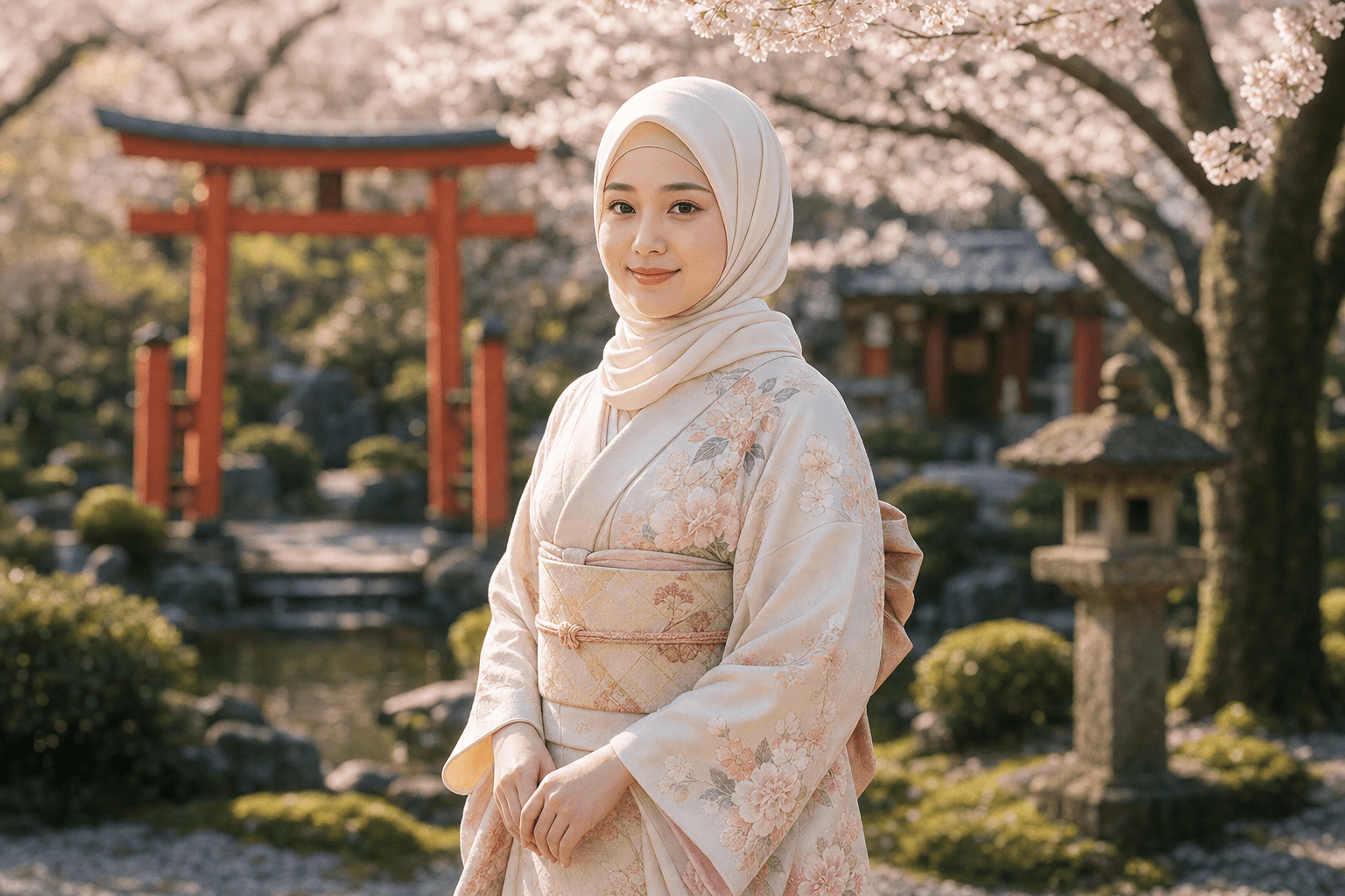Japanese Muslim woman in hijab and kimono at a traditional Japanese garden