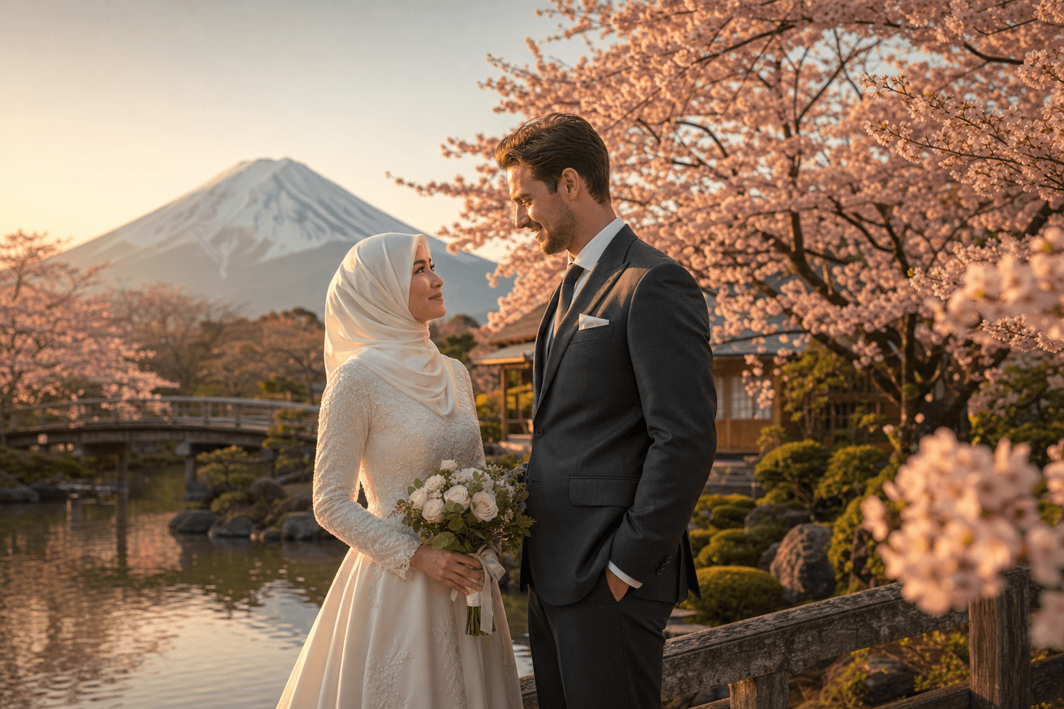 Illustration of a Muslim bride and groom beneath cherry blossoms with Mount Fuji behind them